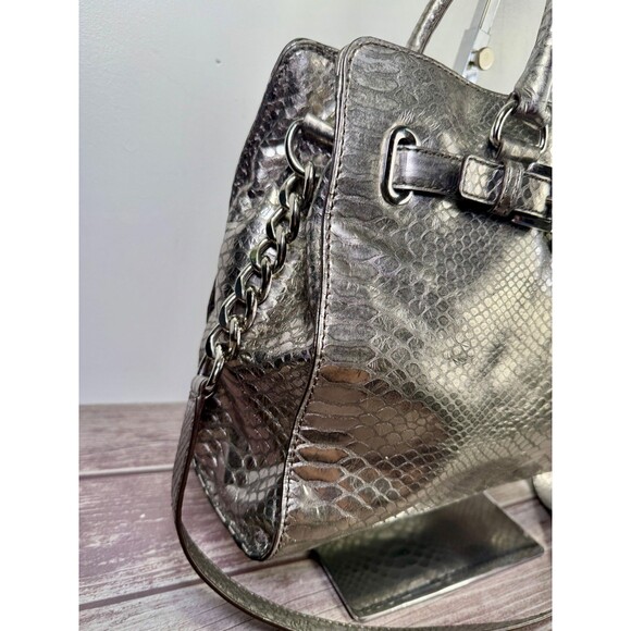 MICHAEL KORS Large Hamilton Gray Luxury Embossed Leather Satchel Shoulder Bag - Picture 12 of 17